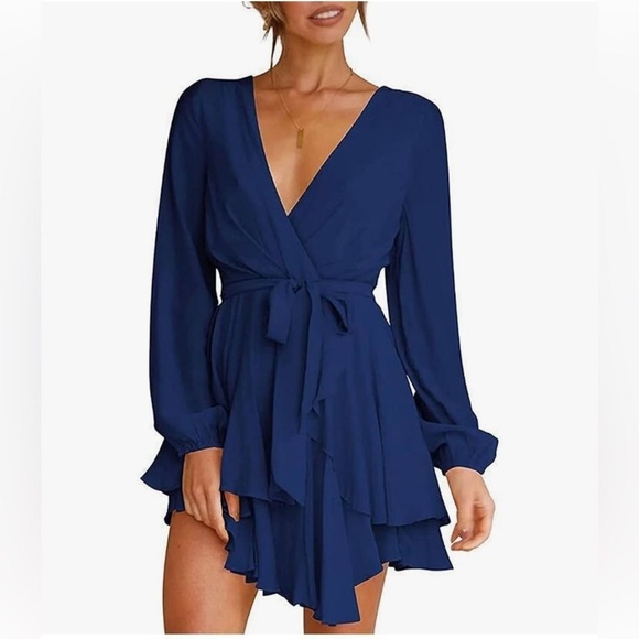 Womens Blue Tiered V Neck Tie Waist Dress Size Large - Picture 1 of 10